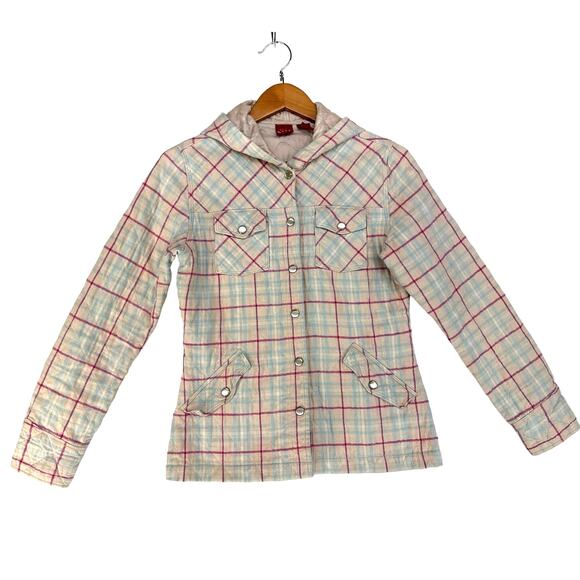 Quilted Plaid Shacket Jacket Womens Medium Pearl Snaps Western Hooded Peach‎ - Picture 12 of 14